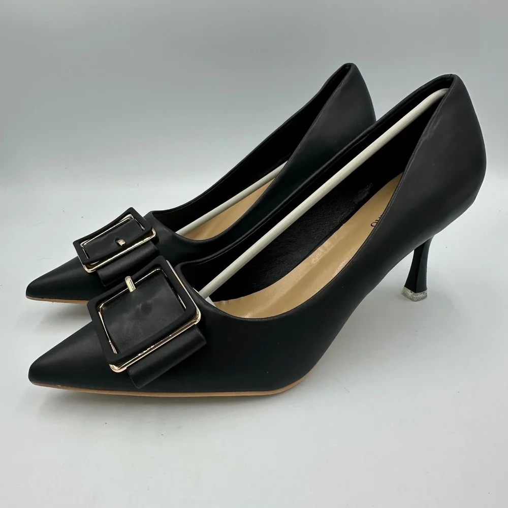 C.Paravano Pointed Toe Pumps Women 42 / 11.5 Black NIB Buckle Pump Heel‎ Chic